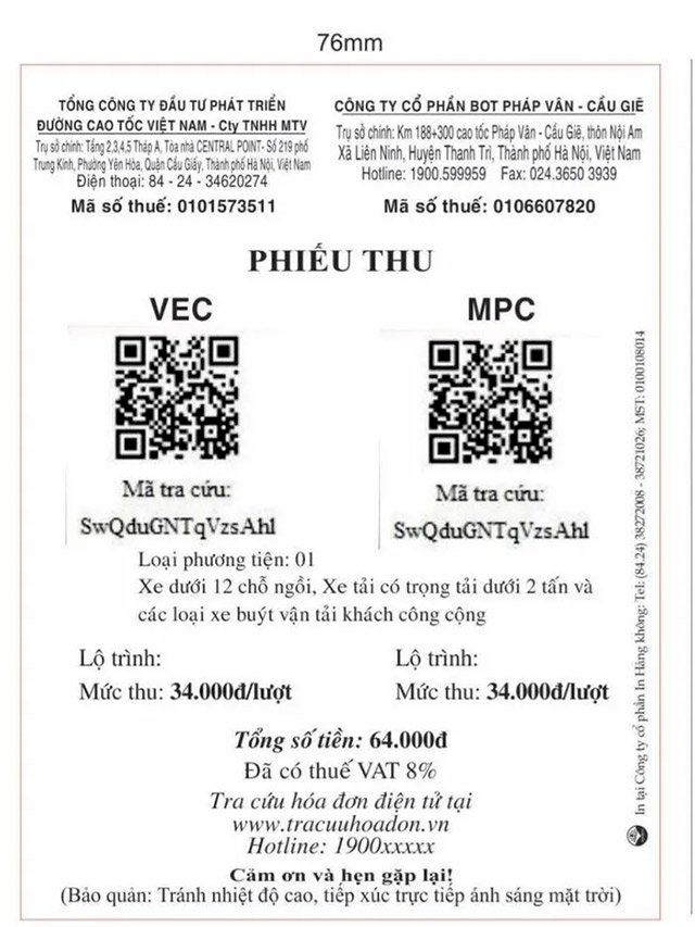 Tài xế sẽ nhận được phiếu thu tiền và hóa đơn điện tử khi thanh toán phí đường bộ